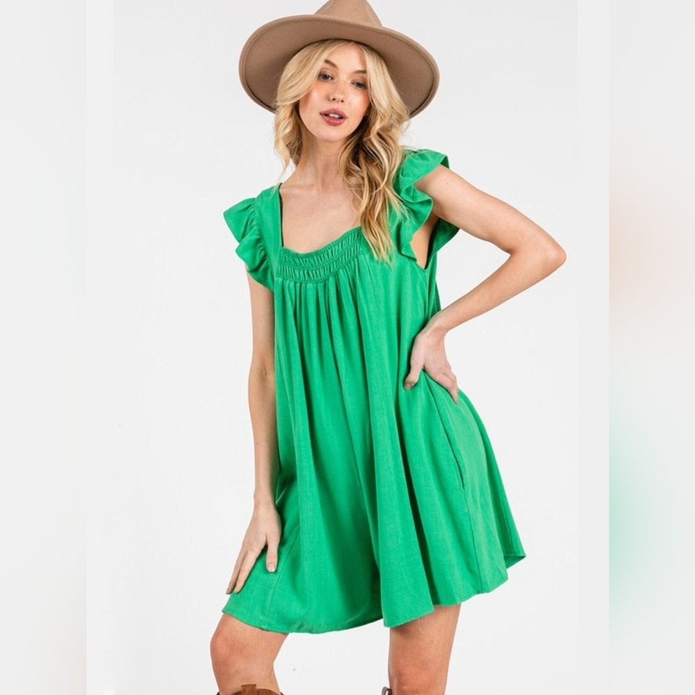 Ces Femme Kelly Green Flutter Sleeve Square Neck Mini Romper